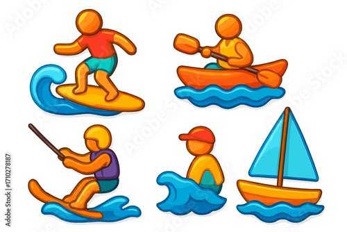 Set of water sports icons. 3D vector cartoon illustration for summer vacation activities. Includes surfing, kayaking, wakeboarding, swimming, and sailing symbols for design.
