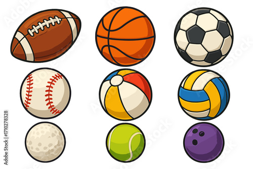 Sports balls vector set. Cartoon collection of game equipment icons. Football, basketball, soccer, baseball, tennis, volleyball, golf, beach and bowling ball illustration.