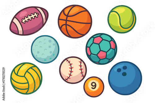 Sports ball vector icon collection. Cartoon set with football, basketball, soccer, baseball, tennis, volleyball, golf, bowling, and billiard balls. Isolated sport items.