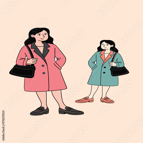 Stylish Mother and Daughter Illustration in Trendy Coats