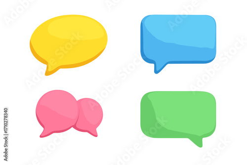 Colorful 3d speech bubbles set for messaging apps. Vector cartoon illustration. Chat bubble icon collection for social media. Dialogue balloon symbol. Communication concept.