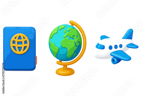 Set of 3d travel icons with passport, globe, and airplane. Vector cartoon illustration for tourism, vacation concepts. World journey, global flight, international document.