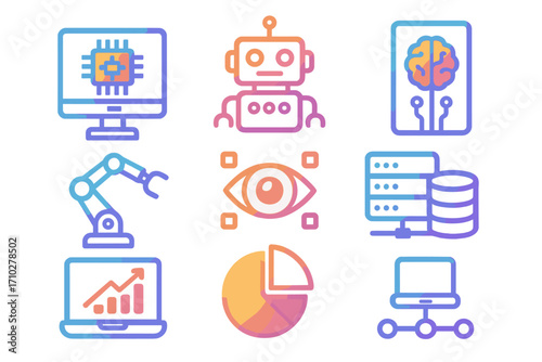 Artificial intelligence and robotics gradient icon set. Machine learning, data science, computer vision and automation technology concepts. Vector icons for web and mobile.