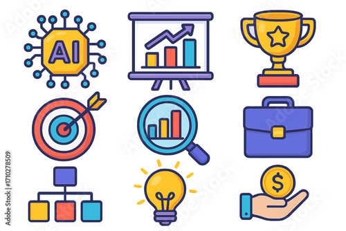 Business icon set with AI, data analytics, financial growth. Vector cartoon illustration of strategy, innovation, investment, target goal, and achievement award concepts.