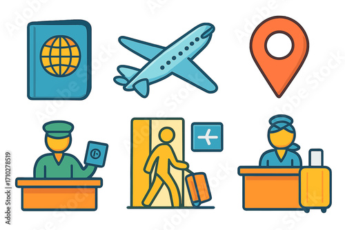 Travel and airport icon set. Vector cartoon concepts for tourism and vacation. Includes passport control, airplane, location pin, customs, flight boarding, and check-in desk.