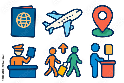 Colorful travel icons set for tourism and journey. Vector cartoon illustration of passport, airplane, location pin, customs control, boarding passengers and airport check-in desk.