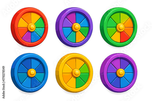 Colorful wheel of fortune icon set in trendy 3D style. Vector cartoon illustration of prize spinners. Game asset for UI design. Circle, choice, luck, and options concept.