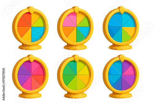 Set of wheel of fortune 3D icons. Colorful spinning prize wheel variations. Vector for casino game, lottery & raffle. Concept of luck, chance, risk, opportunity and winning.
