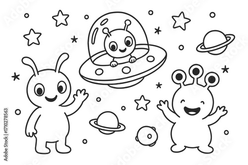 Cute alien friends in space with UFO on starry night. Kids coloring book page. Vector cartoon illustration of friendly monsters, planets, and stars. Extraterrestrial life set.