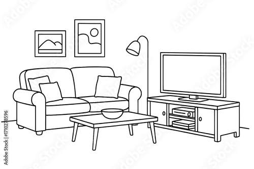 Living room interior with sofa, TV, and coffee table. Vector line art illustration for coloring book. Home furniture doodle sketch. Cozy domestic room concept outline graphic.