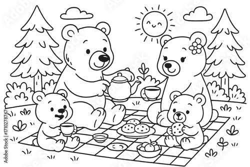 Cute bear family picnic line art. Parents and cubs enjoy tea and cookies in a summer forest. Adorable animal characters for coloring book. Vector cartoon illustration.