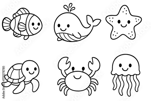 Cute marine life outline set for kids coloring book. Kawaii sea animal cartoon vector characters. Happy fish, whale, starfish, turtle, crab, jellyfish icon collection.