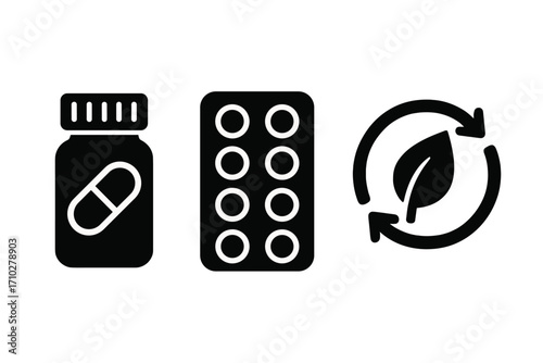 Sustainable healthcare vector icon set. Pill bottle, medicine blister pack, and leaf recycle symbol. Concepts for natural pharmacy, eco-friendly packaging, and health.