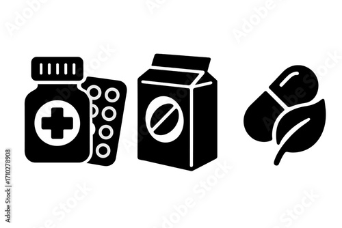 Healthcare icons set with medication, pharmaceutical drugs and natural herbal supplements. Sustainable packaging concept. Bold silhouette glyphs for medicine and pharma industry.
