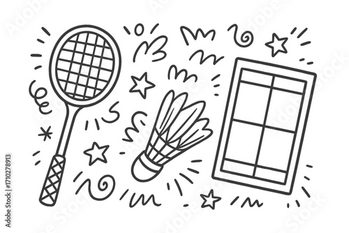 Hand drawn badminton doodle set. Vector line art illustration of racket, shuttlecock, and court. Cartoon sports equipment for game, match, competition, and active lifestyle concept.