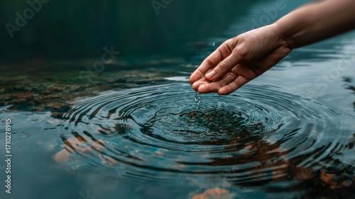 Hand creating ripples in calm water surface outdoors