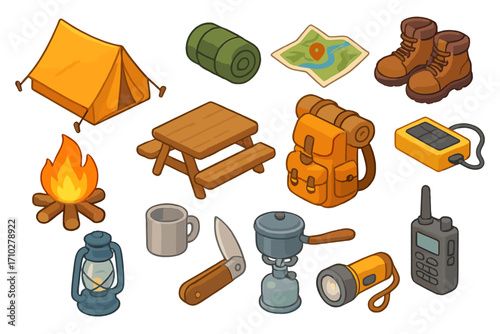 Isometric camping and hiking equipment icon set. Outdoor adventure and survival gear collection. Vector cartoon illustration of tent, backpack, campfire, map, and boots.