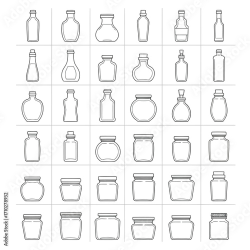 A grid of various empty glass bottles and jars in outline form, showcasing diverse shapes and sizes for packaging.