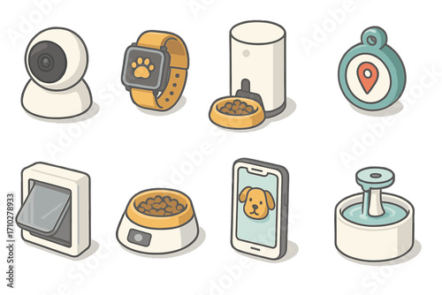 Isometric pet care icons. Smart gadgets for modern pet owners. Vector cartoon set of pet tech: camera, GPS tracker, auto feeder, smart bowl, water fountain, pet door.