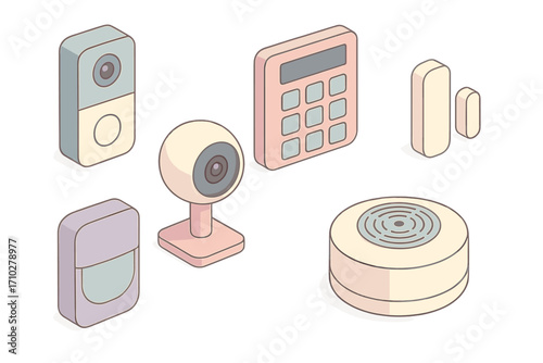 Isometric smart home security devices set. Vector cartoon illustration collection of protection system icons like camera, sensor, doorbell, and keypad for home automation.