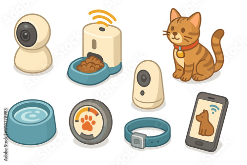 Isometric pet care icon set with smart gadgets for modern pet owners. Vector cartoon illustration of automatic feeder, camera, cat, GPS tracker, and mobile app for pets.