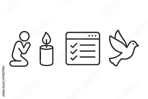 Vector line icons set of prayer, candle, checklist, and dove. Christian religious symbols for spirituality, meditation, peace, and hope. Minimalist pictogram collection.