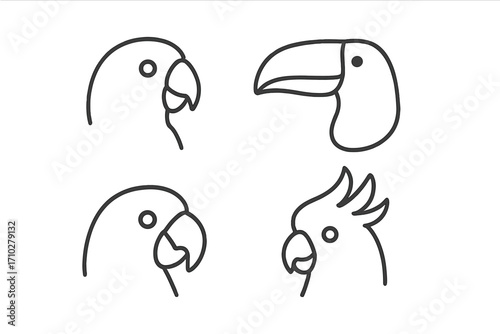 Exotic bird head logo set. Simple line art parrot, toucan, cockatoo icons. Minimalist outline tropical birds collection. Vector animal symbol for zoo, pet shop, nature design.