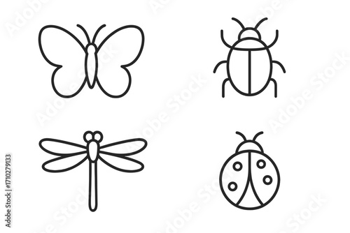 Minimalist insect icon set with butterfly, beetle, dragonfly, and ladybug. Simple black line art collection. Modern outline symbols for nature and wildlife concepts. Vector graphic elements.