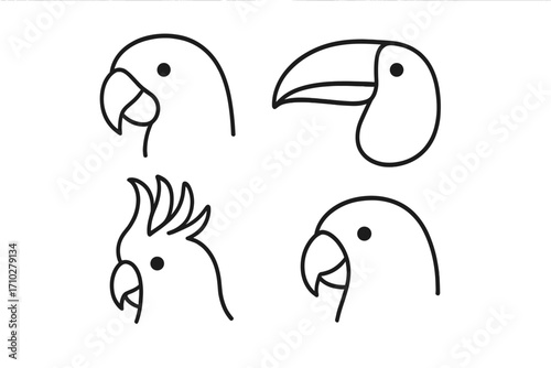 Minimalist line art bird heads collection. Exotic tropical birds icon set with parrot, toucan, cockatoo. Simple animal head logo symbols. Vector cartoon illustration.