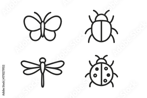 Minimalist insect icons set with butterfly, beetle, dragonfly, ladybug. Simple black line art vector. Modern outline design elements for logo, web, and nature concepts.