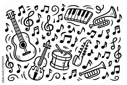 Music instruments doodle collection. Hand drawn cartoon vector illustration set. Guitar, piano, violin, trumpet, drum and musical notes for sound, song or melody concept.