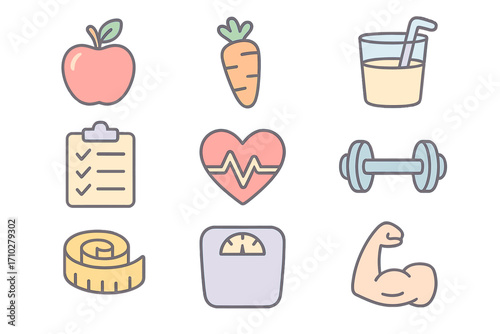 Health and fitness line icon set. Nutrition, diet, workout symbols. Healthy lifestyle concept. Apple, carrot, dumbbell, scale, heart, muscle, checklist vector icons. Sport.