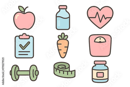 Health and fitness icon set. Vector cartoon pastel symbols for healthy lifestyle, nutrition, diet plan, workout. Contains apple, water, heart, scale, dumbbell, measuring tape.