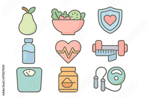 Health and fitness icon set. Vector cartoon illustration of nutrition, diet, and wellness essentials. Healthy lifestyle symbols for gym, workout, weight loss, and cardio concepts.