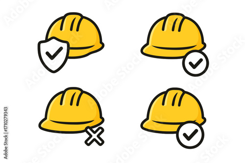 Safety helmet and hard hat icon set with security, approval, and rejection symbols. Vector cartoon illustration for construction work safety, head protection, and compliance.