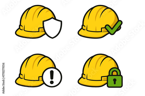 Safety helmet icon set. Hard hat with security shield, approval check mark, warning sign, and lock symbols. Vector cartoon illustration for construction and work safety.