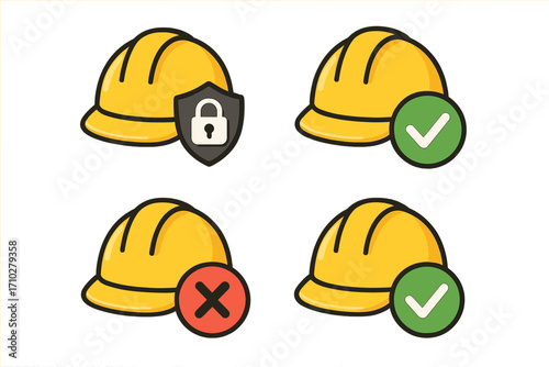 Safety helmet icon set for construction and industry. Hard hat with security shield, lock, approval checkmark, and rejection cross symbols. Vector illustration pass fail concept.