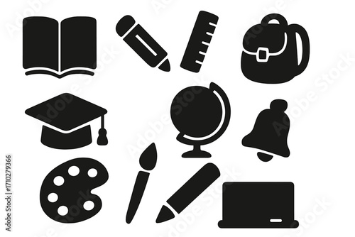 Education silhouette icon set. Back to school concept with book, pencil, globe, graduation cap, backpack. Vector for learning, university, knowledge, study, art class.