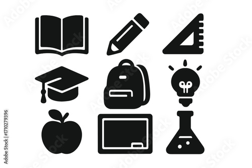 Education icon set silhouette. School and university symbols. Vector collection of book, pencil, graduation cap, backpack, lightbulb, apple, ruler, and science flask icons.