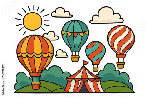Vector set of hot air balloons and circus tent. Whimsical cartoon illustration for summer festival or fair. Fun travel and adventure concept with sun and clouds in scenic landscape.