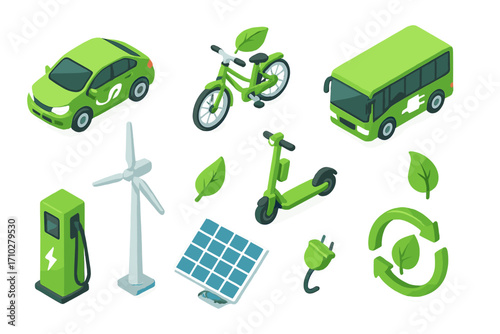 Eco friendly transport and green energy isometric icon set. Sustainable travel concept. Vector illustration of electric car, bike, scooter, bus, solar panel, wind turbine.