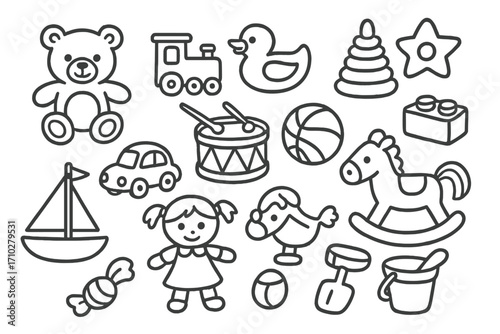 Children's toys icon set. Hand drawn outline doodle collection. Baby shower elements. Kids playtime concept. Vector line art with teddy bear, car, train, doll, rocking horse.