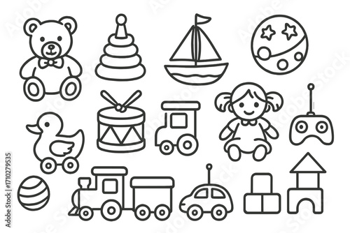 Childrens toys icon set. Hand-drawn doodle collection of classic kid playtime objects. Vector line art illustration of teddy bear, train, doll, car, boat, drum, and blocks.