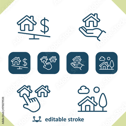 Real Estate Icons. House, Home, Dollar, Price, Hand, Finger, City Icon