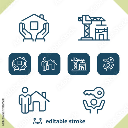 Real Estate Icons. House, Home, Hands, Construction Crane, Realtor, Key Icon