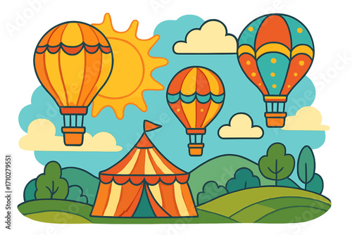 Hot air balloons float over a circus tent in a sunny landscape. Whimsical cartoon vector illustration for a festival, fair, or travel concept. Summer scenery with hills.