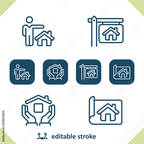 Real Estate Icons. House, Home, For Sale Sign, Realtor, Hands, Blueprint Icon