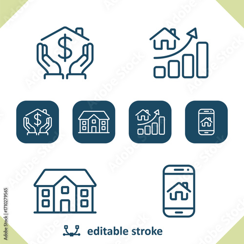 Real Estate Icons. House, Home, Hands, Dollar, Price, Graph, Mansion, Smartphone Icon