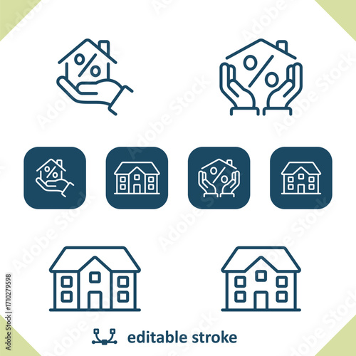 Real Estate Icons. House, Home, Hand, Percent, Mortgage, Mansion Icon