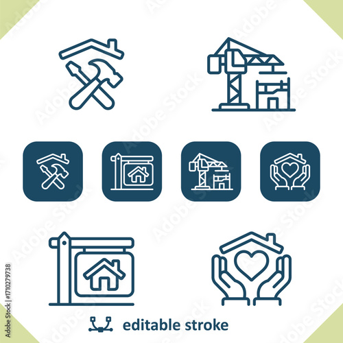 Real Estate Icons. House, Home, Tools, Construction, For Sale Sign, Hands Icon
